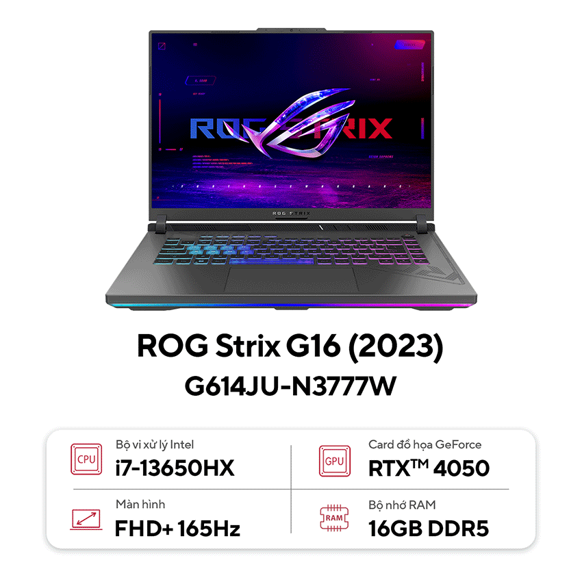 Laptop Asus Gaming Rog Strix G614Ju-N3777W (I7 13650Hx/16Gb Ram/512Gb Ssd/16"Wuxga 165Hz/Rtx 4050 6Gb/Win11/Xám)